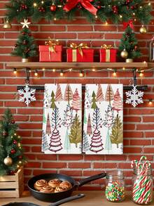 2 Pcs Black And White Kitchen Towels Dish Cloth Towels Absorbent Hand Towels Cleaning Cloths Simple Lines Christmas Tree Kitchen Towels Holiday Decoration Suitable For Dish Table - Multicolor - View 5