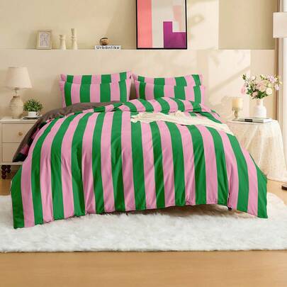 2/3 piezas Juego de ropa de cama con diseño de dibujos animados, suave y transpirable, amigable con la piel, estilo de dibujos animados, resistente a las pelusas, textil para el hogar encantador, funda nórdica y funda de almohada a rayas rosa y verde, sin edredón, adecuado para camas individuales, dobles, queen y king, para todas las estaciones, certificado Oeko-Tex