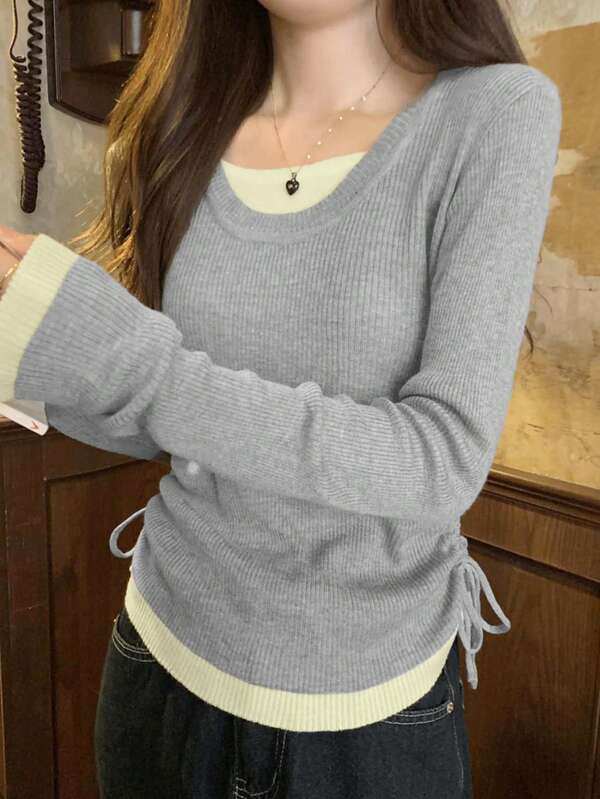 2-In-1 Drawstring Knit Sweater For Women, High-Quality Korean Style Long Sleeve Base Layer Top, Autumn/Winter Spring