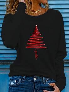 Gradient Red Shiny Christmas Tree Fusion Faith Letter Print Casual Comfortable Versatile Long Sleeve T-Shirt Suitable For Travel Vacation Leisure Sports Daily Commute 43592025