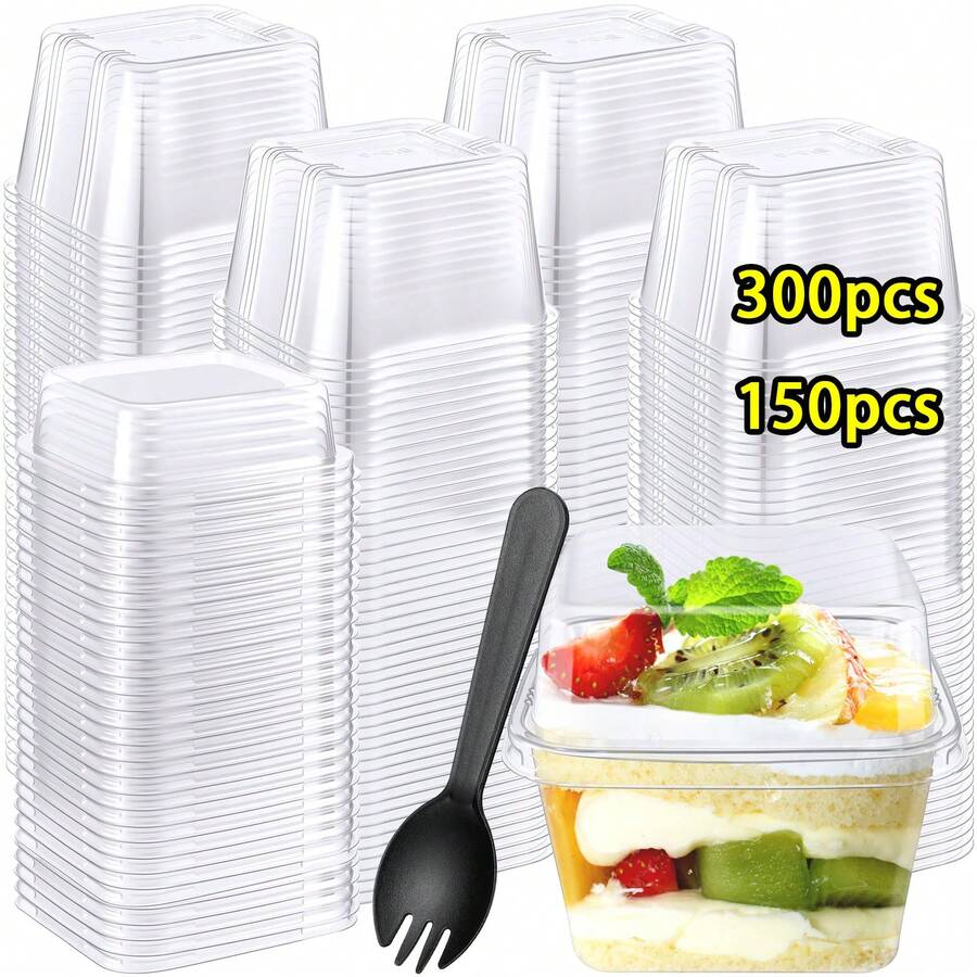300 Square Plastic Dessert Cups With Lids And Forks, 8 Oz And 12 Oz (With Lids And Forks), Square Dessert Cups With Spoons, Disposable Party Cupcake Boxes, Mousse Cups, Ice Cream Cups, Pudding Cups, Snack Cups, And Fruit Cupcake Cups. 150 Pieces (50 Cups + 50 Lids + 50 Spoons) 300 Pieces (100 Cups + 100 Lids + 100 Spoons) - B10-9 - 查看 1