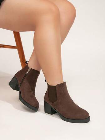 Women's Side Zipper Thick Heel Chelsea Boots, Elegant Solid Color High Heel Fashion Boots Chunky Heel Elastic Band High Heel Boots, Autumn Boots