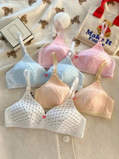 4件装女童吊带文胸，无缝无钢圈加厚文胸，蝴蝶印花抹胸文胸，适合高中和初中学生