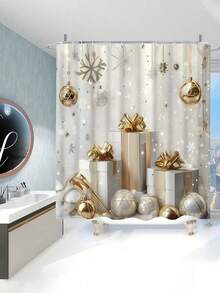 1/4 件套豪华金色圣诞浴帘套装，圣诞礼物，包含 12 个挂钩、防滑浴垫和 U 型马桶座套 - 适合冬季假日家居装饰 - 彩色 - 查看 10