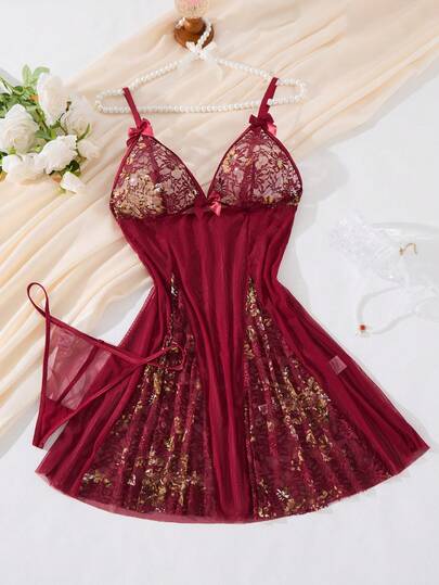 2PCS Women's Burgundy Retro Palace Style And Enchanting Pajama Set, Lace Splicing Sexy Sleeping Skirt With Lace Flower And Bow Decoration Strap Underwear, Thin Comfortable Translucent Pajama Skirt, Christmas Surprise Party Gifts
