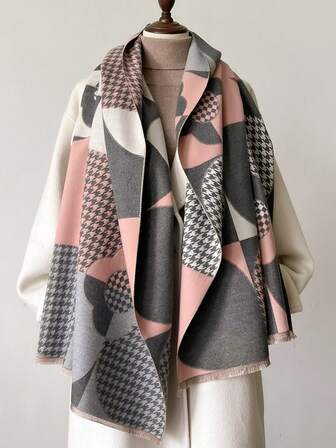 1 件女士双面仿羊绒拼色时尚百搭空调披肩围巾，厚实温暖，适合日常使用，秋冬