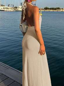 女式度假风格 V 领露背性感针织毛衣裙露背刺绣开腿无袖及地缎面长裙细肩带花卉紧身海滩长款罩衫夏季侧开衩鸡尾酒会礼服