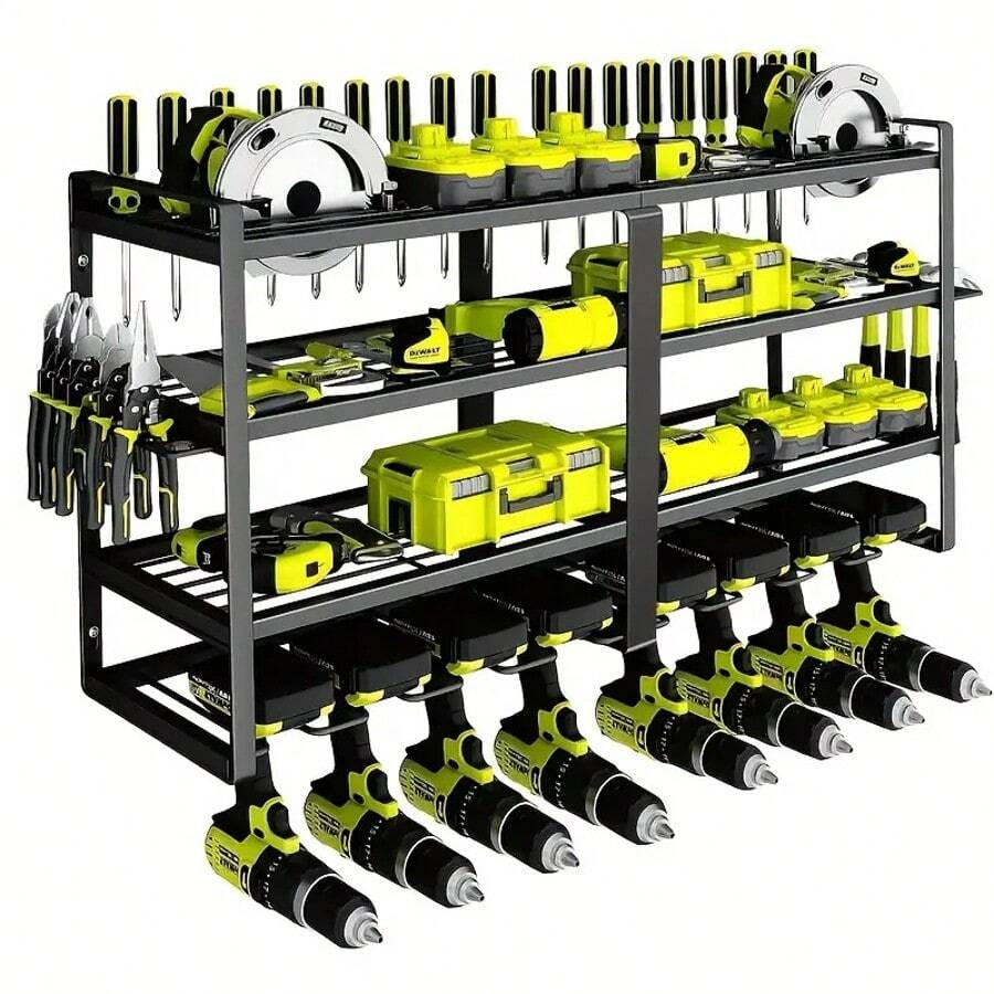 Rack de herramientas de pared flotante de alta resistencia, organizador de almacenamiento de herramientas eléctricas de metal, soporte para taladro manual - Negro - Ver 1