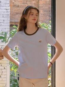 Simple Retro Camiseta de punto de cuello redondo de manga corta con bordado de cachorro lindo y bloques de color para mujer, para primavera y verano