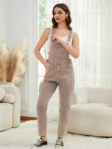 Dark Blue Washed Adjustable Strap Slim Waist Denim Bib Overalls For Women - Khaki - View 1