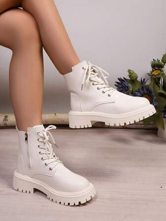 Damstövlar med tjock sula, dragkedja, snörning, mjuk botten, bekväma minimalistiska stövlar, mångsidiga ankelstövlar för vintern