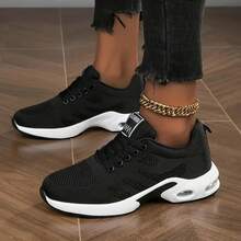 Fly Woven Sneakers, Women's Breathable Mesh Air Cushion Shoes, Women's Casual Dancing, Fitness, Running, Women's Shoes, Light Travel Shoes - 黑色 - 查看 3