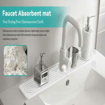 Stone Faucet Mat, 23.6"X3.9" Kitchen & Bathroom Sink Mat - Fast Drying Sink Tray, Durable Counter Protector For Sink Area (White)