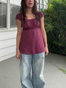 Women Grunge Fairy Top Y2K Tie Bow Polka Dot Cami T-Shirt Vintage Fairycore Scoop Neck Slim Tank Tops Cute Backless Crop Shirt For Summer Streetwear Aesthetic Clothes - 酒紅色 - 查看 5