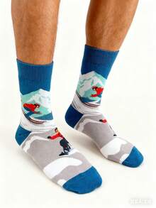 Ski & Snowboard Printed Mid-Calf Socks For Men - Winter Sports Themed Fun Socks With Mountain & Snowflake Design - Multicolor - View 3