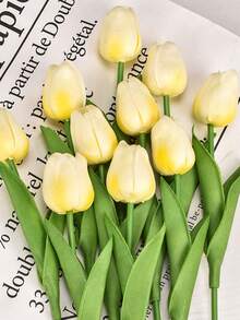 12支白色马蹄莲仿真花束，适合婚礼、新娘礼物、祝福礼物、家居装饰，仿真马蹄莲花 - 米黃色鬱金香 - 查看 2