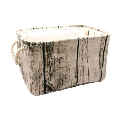 Stylish Tree Stump Design Wood Grain Rectangular Storage Basket Washable Cotton Fabric Nursery Hamper With Rope Handles, Decorative And Convenient Rooms Medium