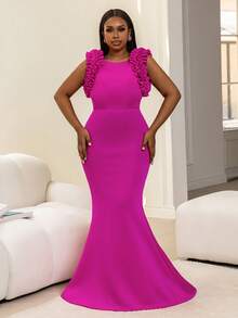 Faeriesty Vestido de noite sereia elegante e sofisticado com decote redondo, sem mangas e modelagem ajustada – detalhes franzidos nos ombros e saia fluida com cauda de peixe – perfeito para casamentos, galas, festas e recepções formais. - Rosa Quente - Ver 3