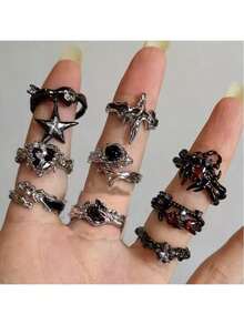 1-8pcs Punk Harajuku Goth Thorns Black Silver Color Asymmetric Heart Cross Open Ring For Women Men Couple Vintage 90s Y2K Grunge Jewelry