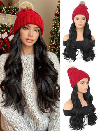 Long Curly Wavy Hat Wig, Synthetic Wig With Elastic Knitted Hat Wig - Wool Hat Wig, High Temperature Fiber, Natural Shape, Suitable For Daily Wear, Autumn And Winter Basic Warm Ski Hat