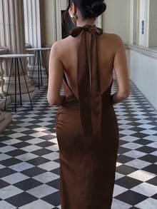 Basrey 新款优雅女士纯色系带腰褶皱露背鸡尾酒礼服，鱼尾裙摆，长款礼服，适合婚礼、派对、约会、情人节及其他场合。