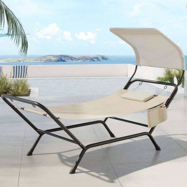 Hammock Bed Stand Outdoor Lounge Chair Canopy Chaise Beige