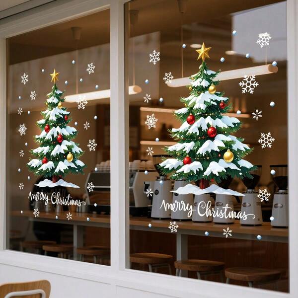 1 pieza 45cm*60cm Pegatina estática navideña con árbol de Navidad, copos de nieve, adornos, texto "Feliz Navidad" y otros elementos, adecuada para ventanas del hogar, dormitorio, escuela, restaurante, oficina y otras decoraciones navideñas para fiestas, decoración del hogar, decoraciones navideñas, decoración de habitación de invierno