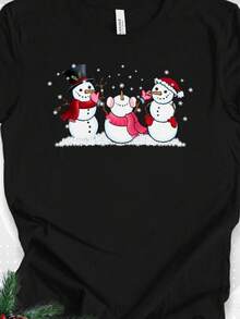 Christmas Snowman T-Shirt Friendly Snowmen With Falling Snowflakes Tee Winter Seasonal Apparel Gift - màu đen - Xem 1