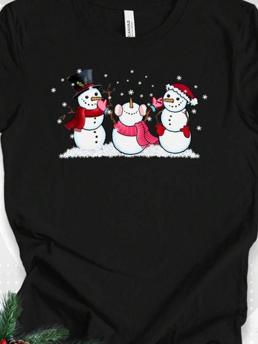 Christmas Snowman T-Shirt Friendly Snowmen With Falling Snowflakes Tee Winter Seasonal Apparel Gift - màu đen - Xem 1