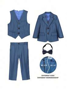 4 件套男童绅士西装套装：夹克、背心、裤子、领结，优雅简约，适合节日、典礼和日常活动 - 綠色 - 查看 15