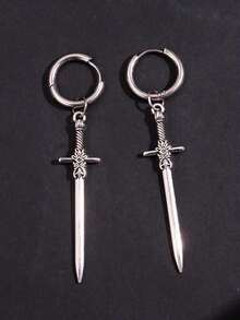 1Pair Gothic Vintage Sword Alloy Earrings Women Man Fashion Cool Punk Rock Party Jewelry Accessories Fantasy Ear Hooks - 銀色 - 查看 4