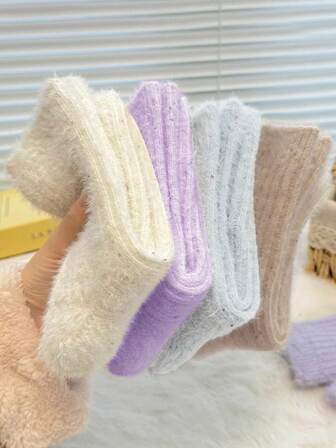 3 Pairs Women's Warm Plush Solid Color Socks, Simple & Comfortable Mid-Calf Socks For Winter