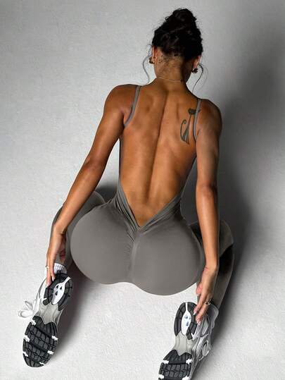 Sport Solid Color Backless Sleeveless Seamless Jumpsuit