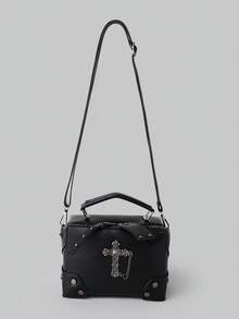 DareSee 1 chiếc túi tote kiểu punk rock mô tô màu đen trang trí hình chữ thập, túi đeo vai và đeo chéo thời trang với chi tiết đinh tán dành cho nữ, hoàn hảo cho sử dụng hàng ngày và làm quà tặng hẹn hò, quà tặng lễ hội âm nhạc Goth. - màu đen - Xem 1