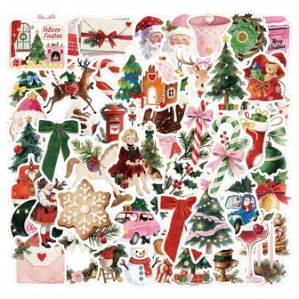 50pcs/Set Christmas Aesthetic PVC Stickers, Christmas Themed PVC Stickers, Multi-Scene Decorative Stickers, Suitable For Luggage, Notebooks, Party Decoration, Gift Packaging, Waterproof And Oil-Resistant Coating