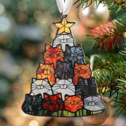 Cat Christmas Tree Ornament, Christmas Tree Cat Acrylic Window Hanging Ornament, Christmas Tree Decoration Hanging Ornament, Lovely Cat Hanging Art Decor, Christmas Home Decor, Christmas Gifts For Cat Lover Christmas Decorations Room Decor