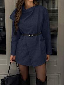 معطف صوفي للنساء للخريف/الشتاء مع وشاح/شال بطبعات زهور من الشيفون وجيب مخفي بأزرار - أزرق بحري - مشاهدة 5