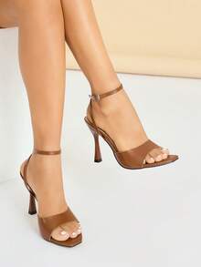 女士高跟凉鞋，适合派对、舞台表演、宴会、旅行、通勤、购物、约会、休闲穿着、圣诞节、情人节、春夏等场合，成熟风格，收腰设计，穆勒鞋款，绑带，小方头，细高跟，高品质光滑质感面料，性感交叉踝带，优雅经典复古稳重棕色高跟鞋，优雅女鞋 - 棕色 - 查看 3