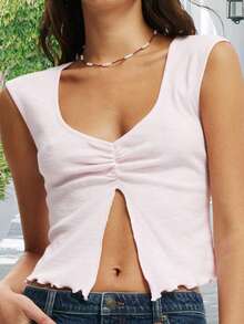 Women Tank Tops V Neck Sleeveless Ruched Slim Fit High Slit Hem Summer Cropped Vest Shirts - 粉色 - 查看 2