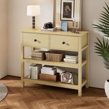 Retro Console Table, Narrow Wooden Console Table, Console Table With Drawers And Open Shelves For Hallway, Entrance And Living Room, Natural - Natural + MDF - View 12