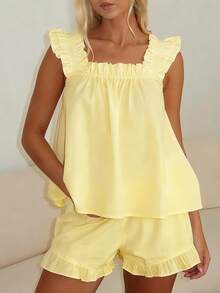 Women Summer Pajama Set Solid Flying Sleeve Tank Tops And Ruffle Shorts 2 Piece Casual Lounge Outfit - Màu vàng - Xem 1