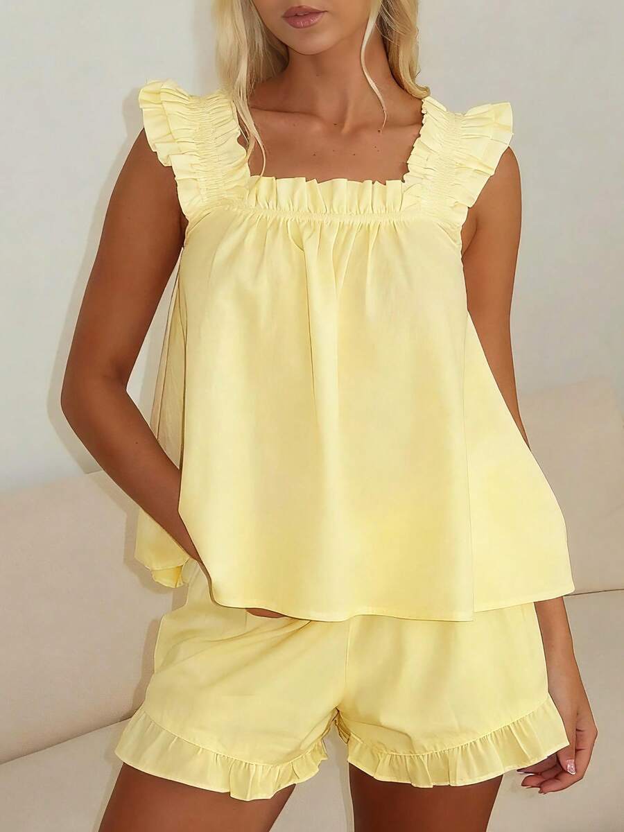Women Summer Pajama Set Solid Flying Sleeve Tank Tops And Ruffle Shorts 2 Piece Casual Lounge Outfit - Màu vàng - Xem 1