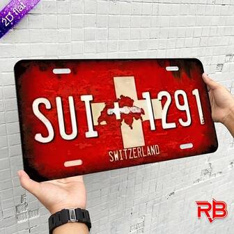 1 pieza Señal de metal con diseño de placa de matrícula suiza - Impresión UV Decoración de pared vintage, Adecuado para decoración interior/exterior del hogar, cafetería, garaje - Placa decorativa duradera, Arte de pared de metal, Acabado desgastado, Plano 2D, Adecuado para decoración de Halloween, Navidad como se muestra el tamaño