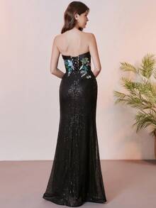 黑色优雅女士亮片无肩带长款舞会礼服，蕾丝亮片美人鱼晚宴派对礼服，饰有刺绣贴花和开衩，情人节 - 黑色 - 查看 3