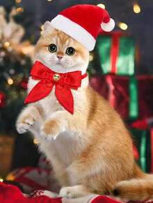 2pcs/Set Creative Christmas Cat & Dog Pet Hat And Red Tie Set, Christmas Pet Costume Set, Christmas Atmosphere Pet Photography Props, Suitable For Christmas Pet Decoration, Christmas Pet Photo Props, Christmas Atmosphere Decoration, Perfect Christmas Pet Supplies - Multicolor - View 3