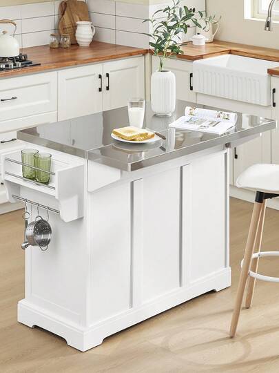 SoBuy Luxe Kitchen Trolley Stainless Steel Top Cabinet Hidden Casters Sideboard Exp able Work Surface Approx.: 130 91 46 (+25) Cm view 3