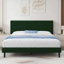 Twin Bed Frame, Velvet Upholstered Platform Bed With Vertical Channel Tufted Headboard And Footboard, Pink/ White/ Green/ Black/ Blue, Full Bed Frame/ Queen Bed Frame/ King Bed Frame ﻿ - 綠色 - 查看 12