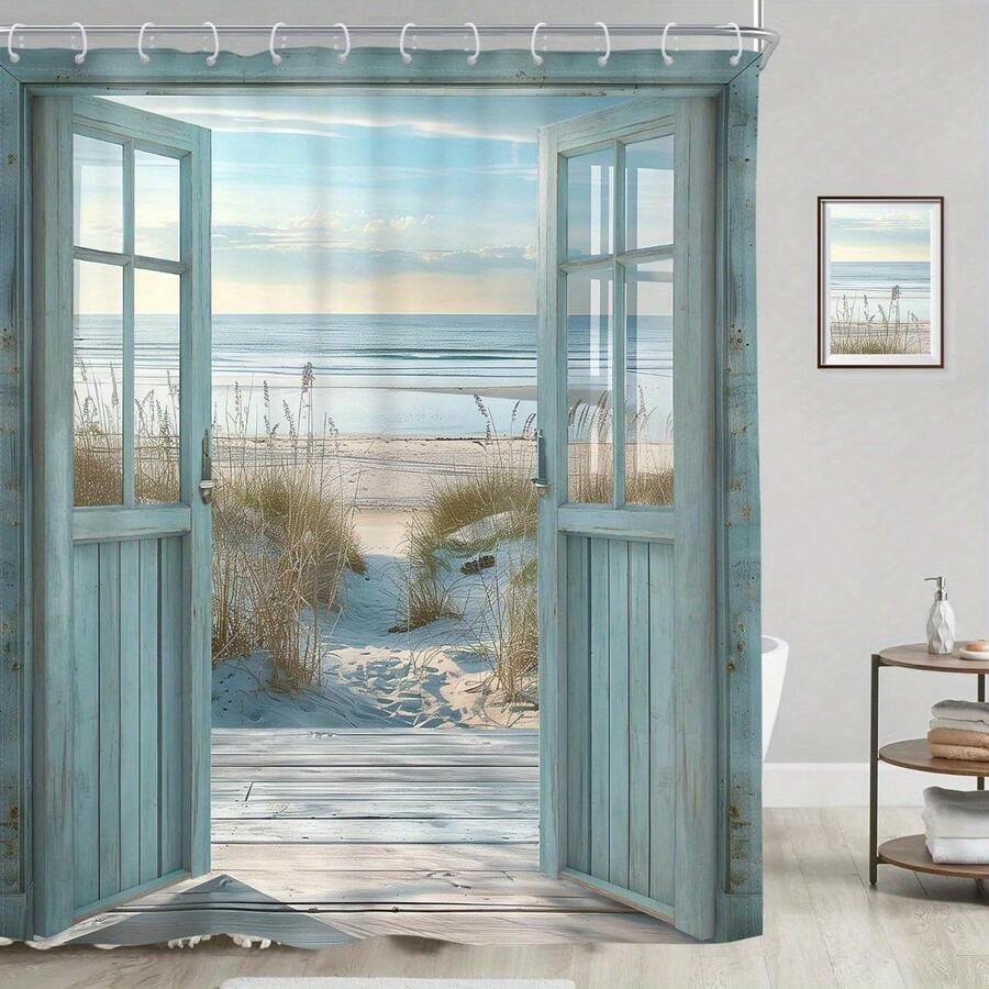 Blue Beach Barn Door Shower Curtain - Coastal Ocean Seaside Rustic Farmhouse Design, Anti-Wrinkle Polyester Fabric With Hooks, Easy Wipe-Clean Bathroom Decor, Beach Bathroom Decor, Ocean View Decor, Wood Plank Pattern - 彩色 - 查看 1