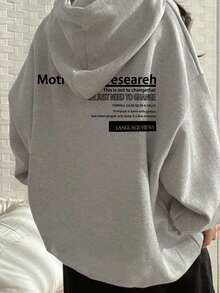 女士休闲宽松字母印花卫衣，带保暖内衬，适合秋冬季穿着。 - 淺灰色 - 查看 1