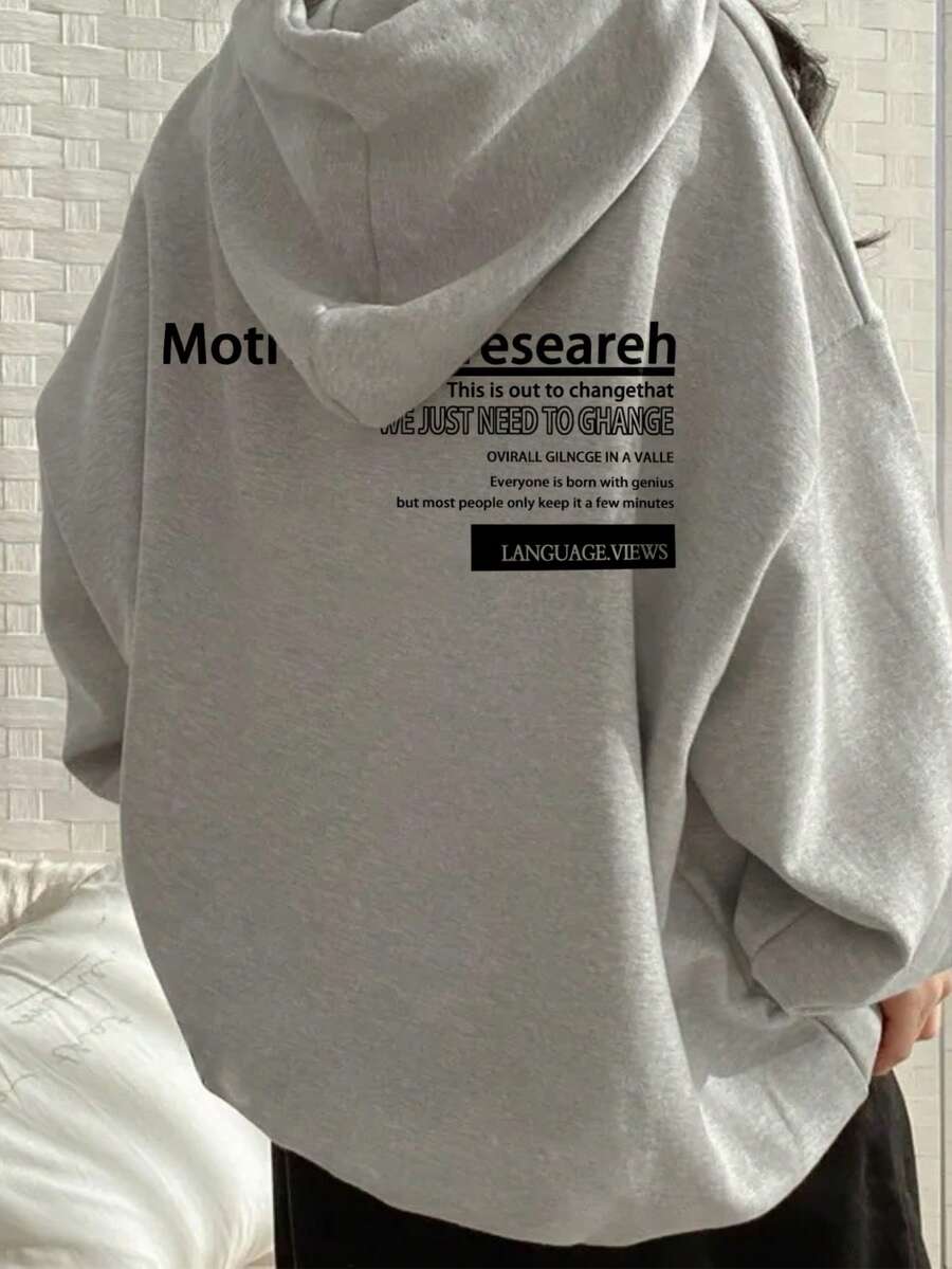 女士休闲宽松字母印花卫衣，带保暖内衬，适合秋冬季穿着。 - 淺灰色 - 查看 1